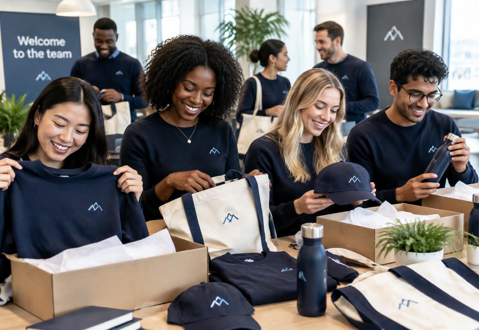 New employees unpacking branded new-hire kits with sweaters, totes, and caps