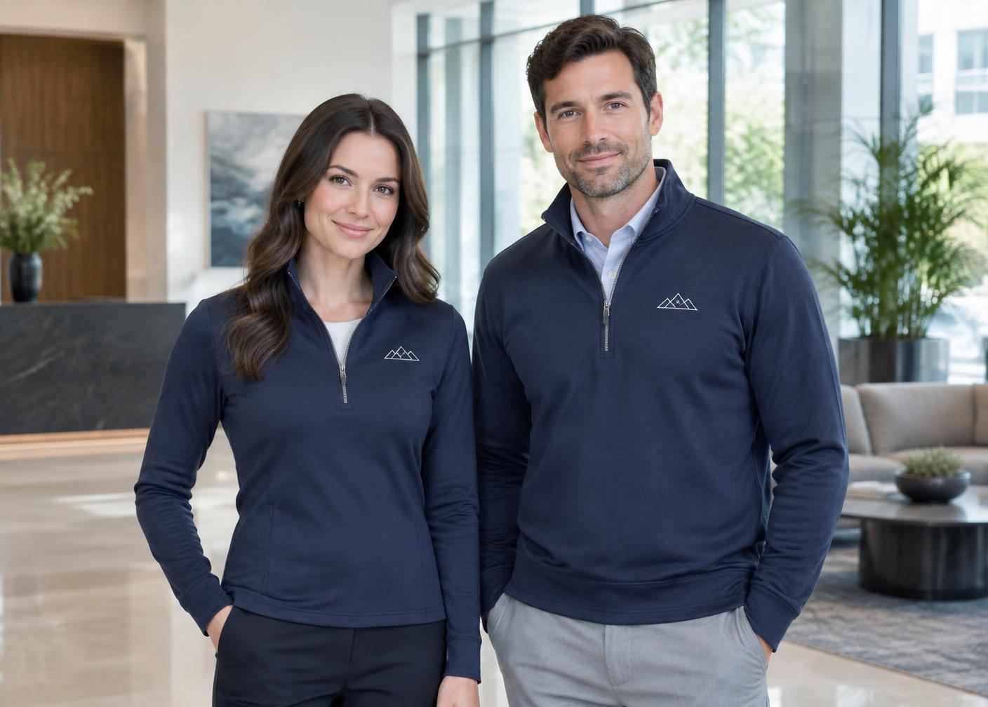 A woman and a man wearing the same embroidered quarter-zip in women's and men's fits